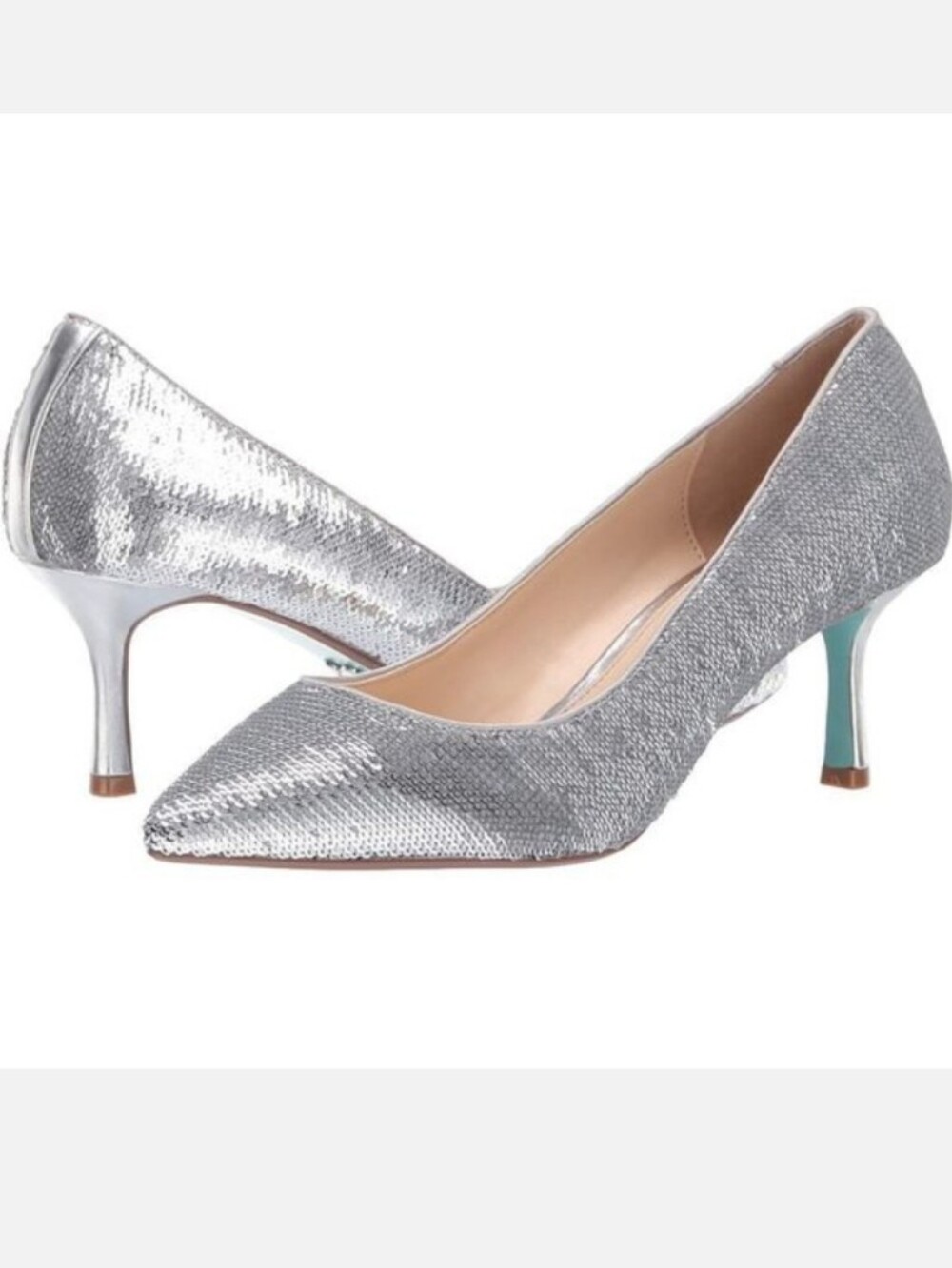 Betsey Johnson Silver Kitten Pumps Heels Kamie Metallic Glitter Sequin 9.5 EUC
